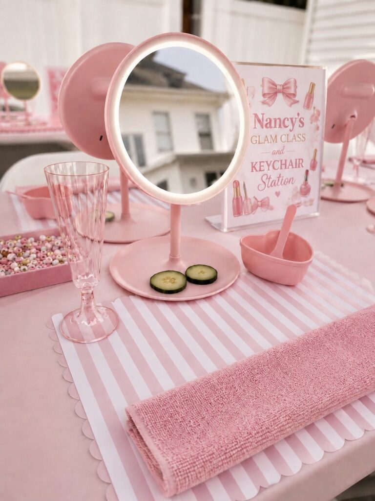 Pink spa themed table setting with a lighted mirror, cucumber slices, and pink accessories.