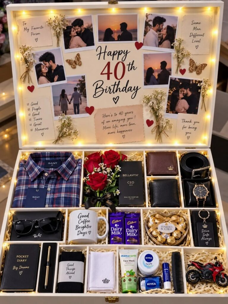 An open gift box filled with curated items and photos for a 40th birthday celebration.