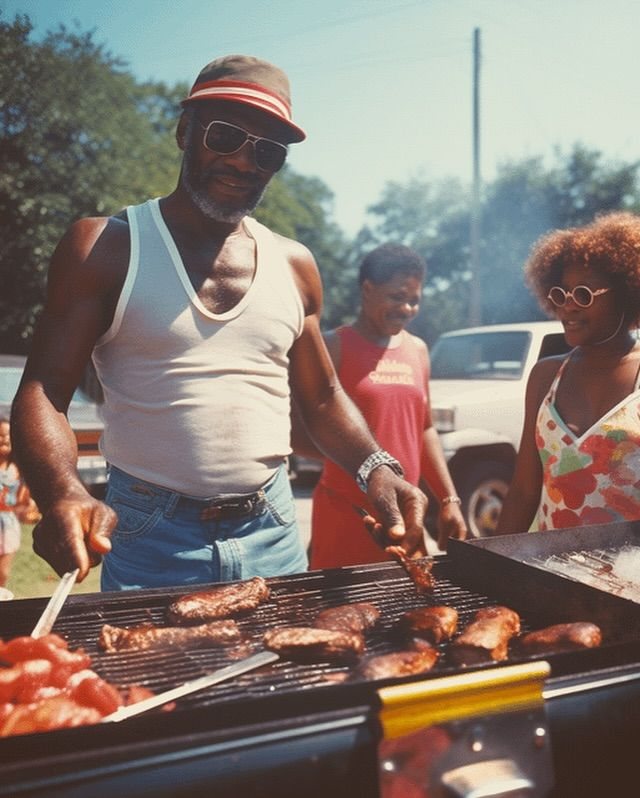 A man in a white tank top grills meat on an outdoor barbecue with friends.