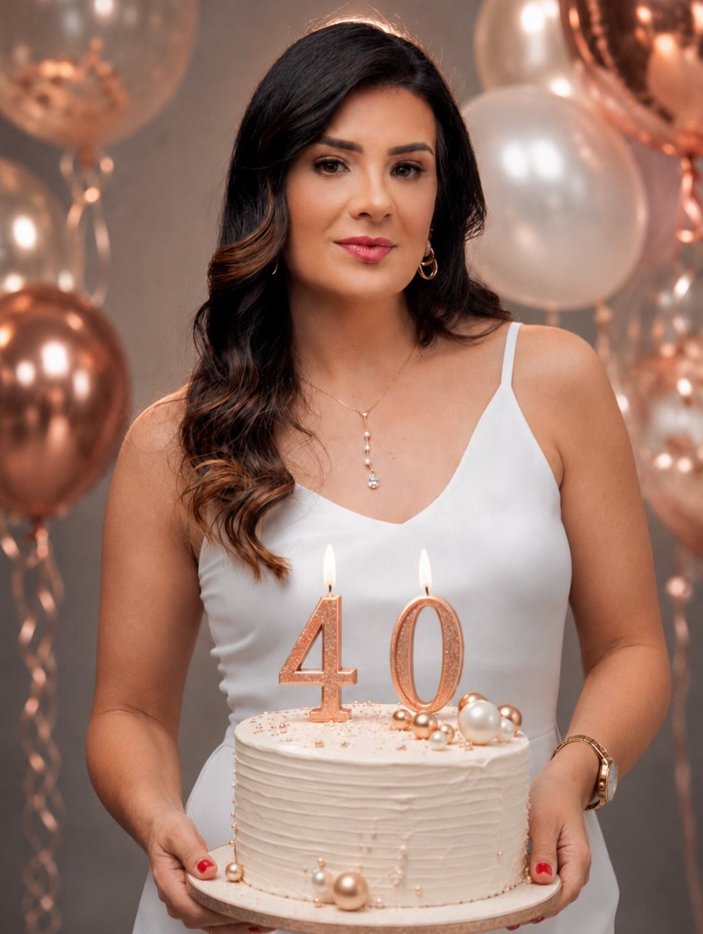 Woman in a white dress holding a birthday cake with lit number 40 candles.