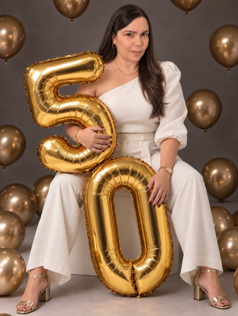 Woman in a white jumpsuit sitting with large gold number fifty balloons.