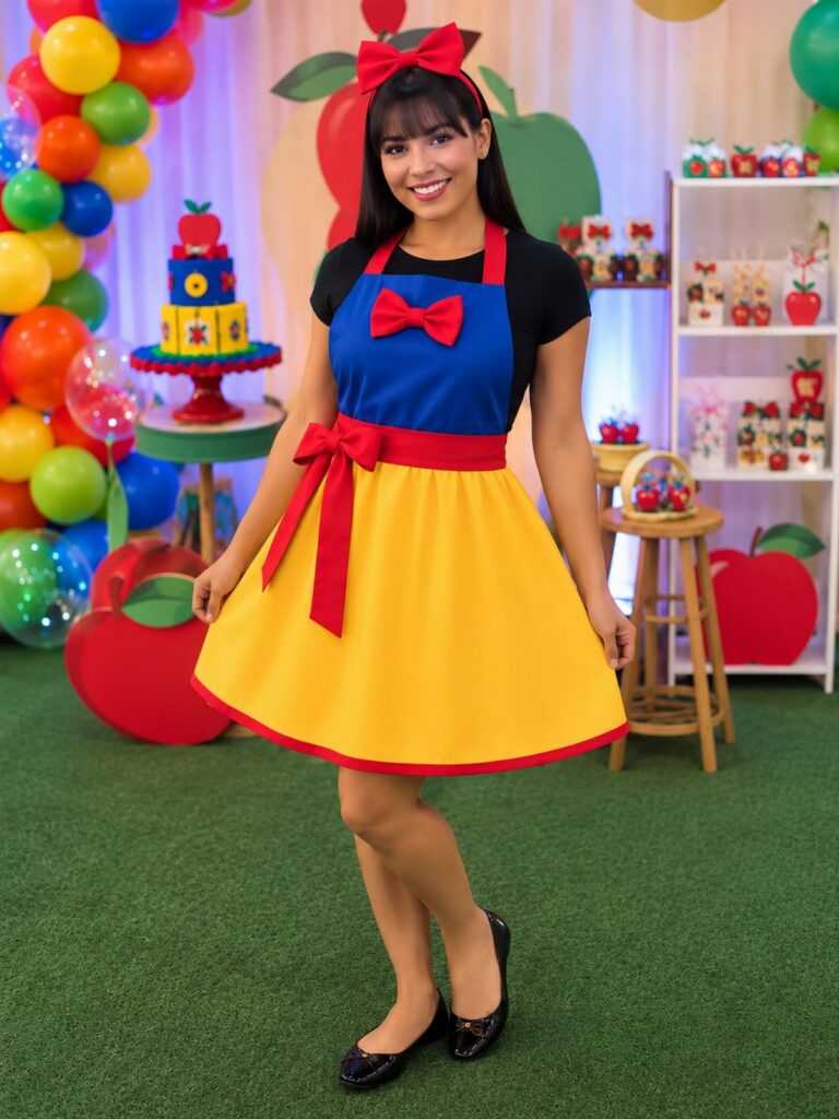 Woman in a colorful costume with balloons and a decorated table.