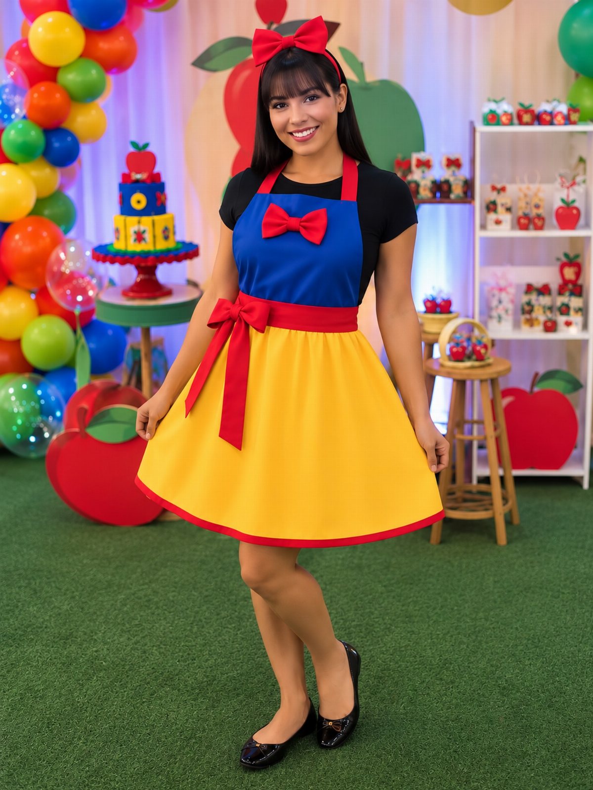 Woman in a colorful costume with balloons and a decorated table.