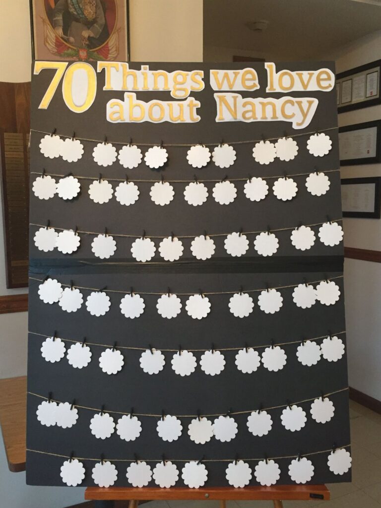 A black display board with white paper circles and text celebrating seventy things about Nancy.