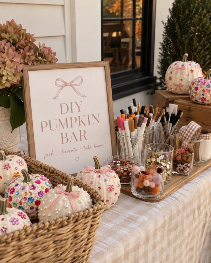 Decorated white pumpkins and craft supplies arranged on a table for a DIY pumpkin bar activity.