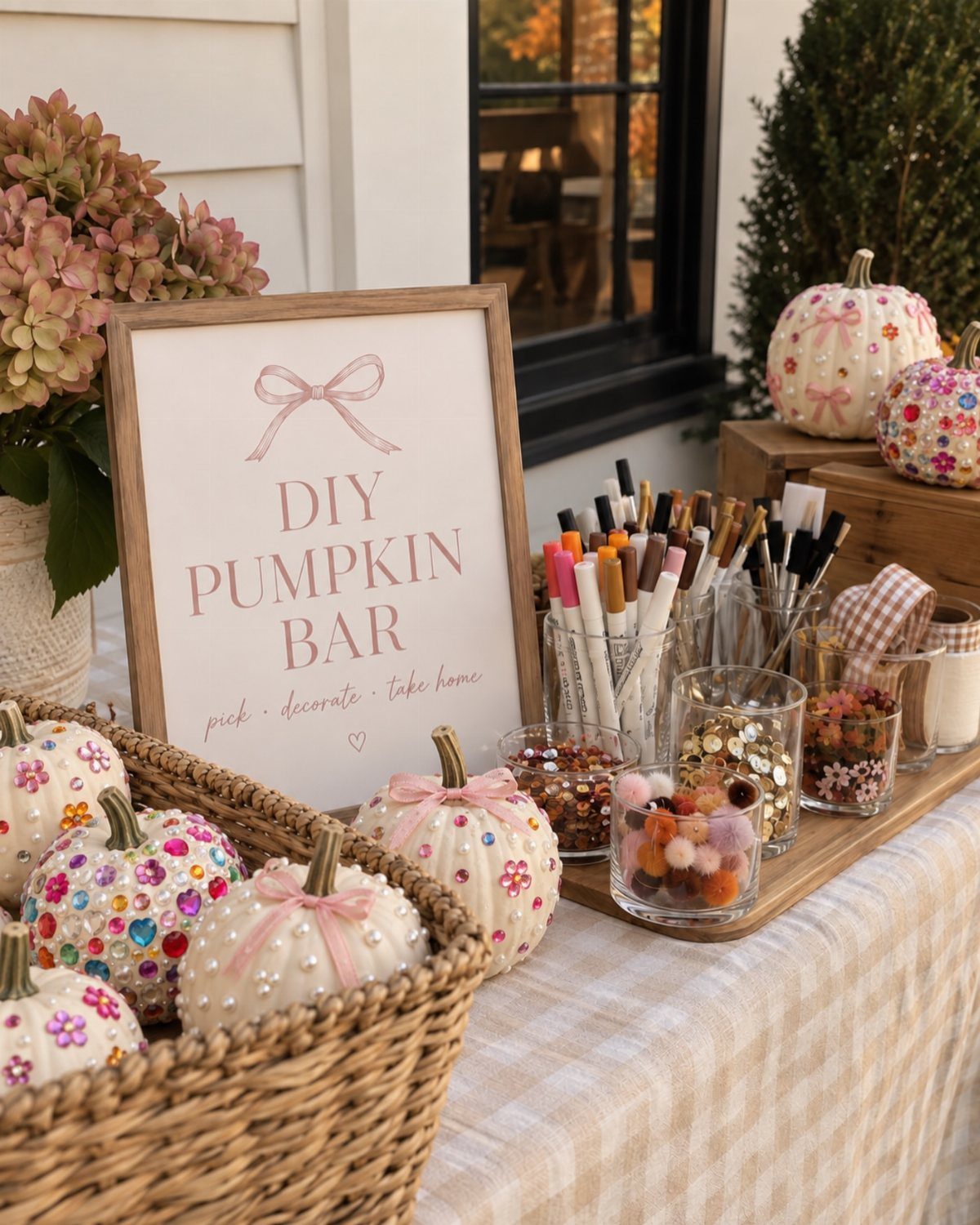 Decorated white pumpkins and craft supplies arranged on a table for a DIY pumpkin bar activity.
